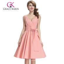 Grace Karin Sleeveless Deep V-Neck Pink Vintage Retro Cotton Dress CL008955-3